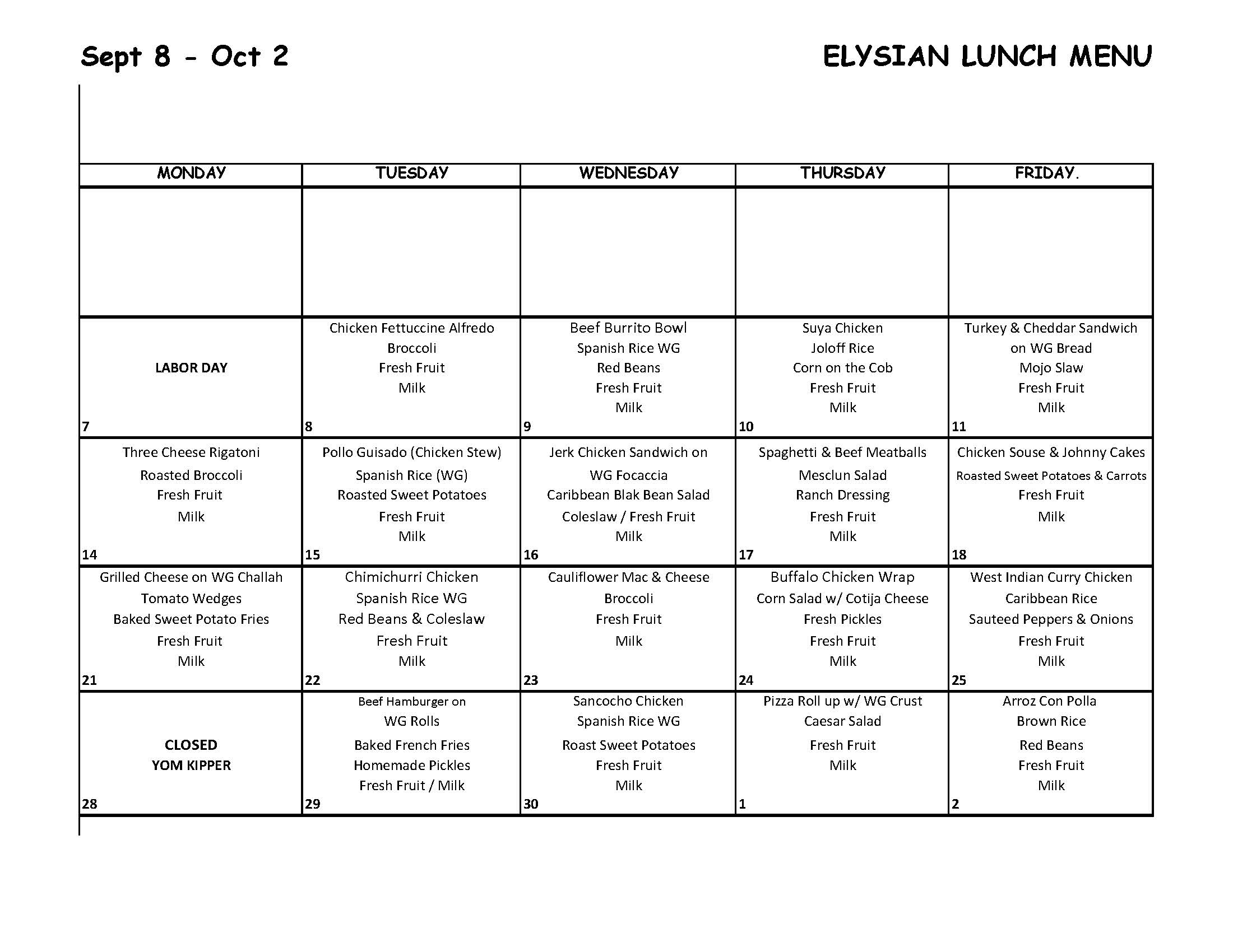 school lunch menu calendar