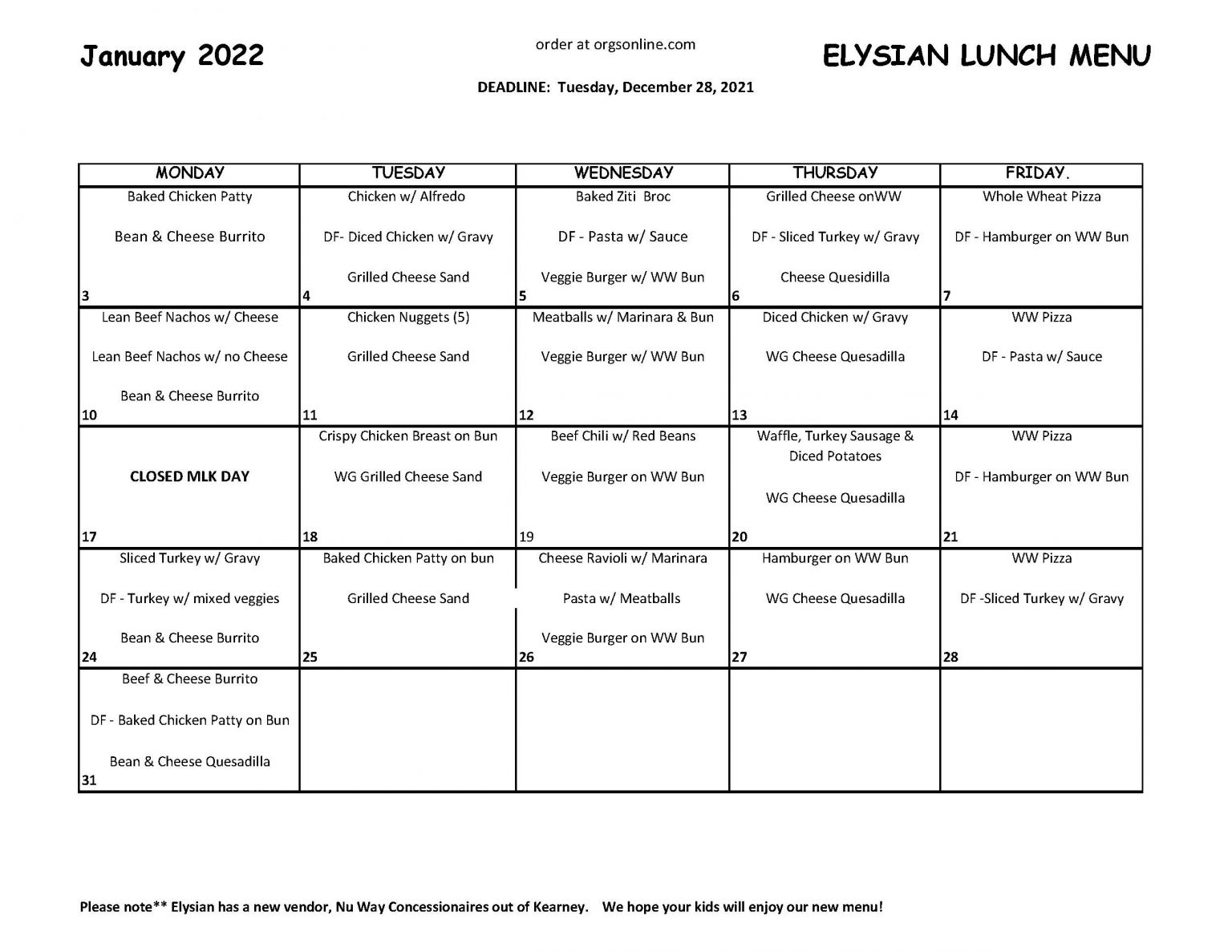 Lunch Calendar – Elysian Charter School